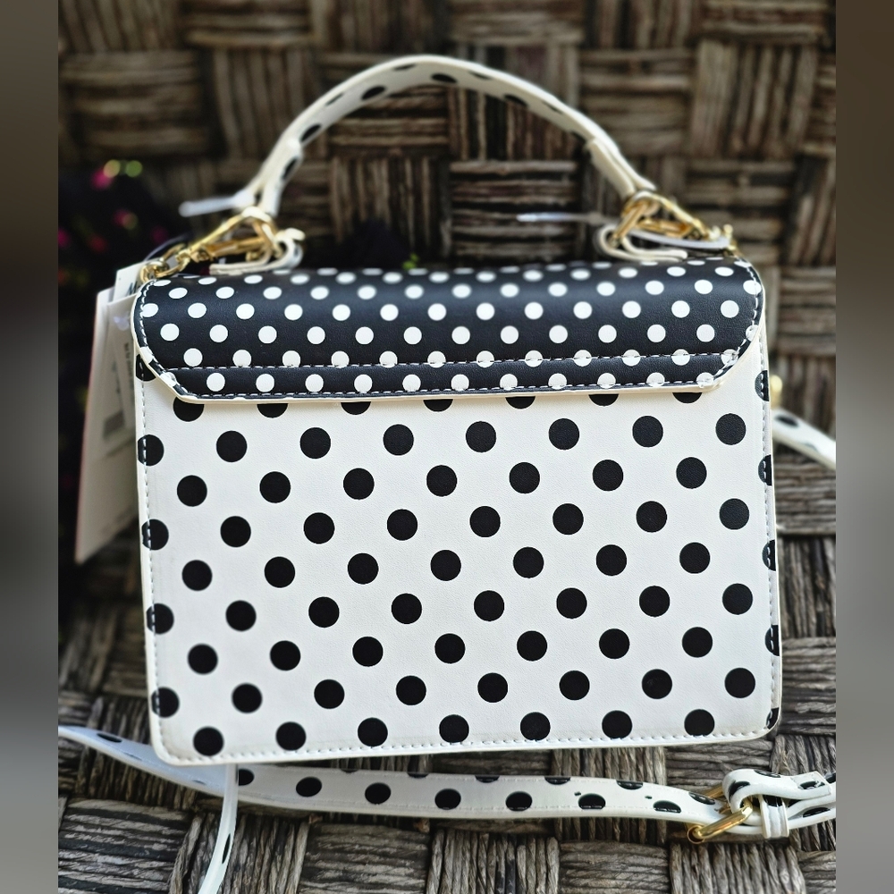 Betsey Johnson Black & White Polka Dot Top Handle Satchel with Floral Bow - Picture 4 of 9